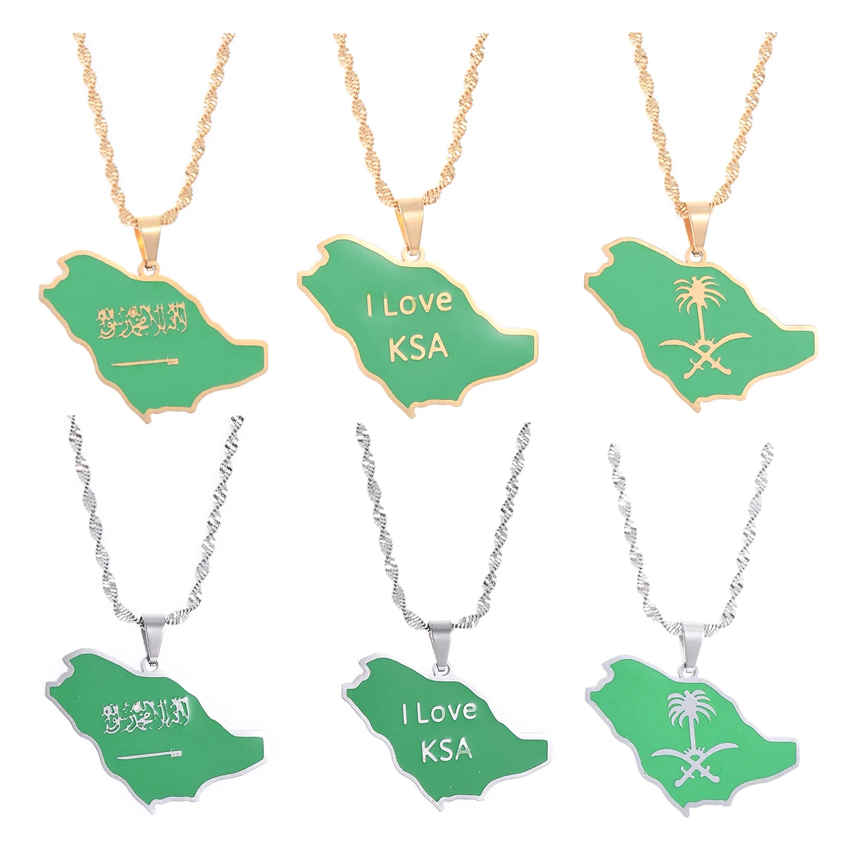 Saudi Arabia Map With Green Enamel Flag Pendant Necklace Stainless Steel Gold Silver Color Arab Emblem Symbol Ethnic Jewelry