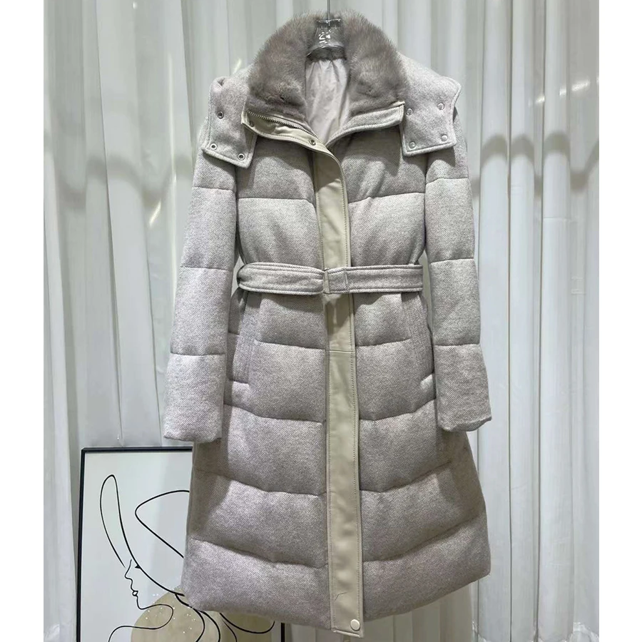 Long Down Coats Cashmere Mink Fur Down Coat Real Fur Coat With Hood Winter Warm Goose Puffer Jacket