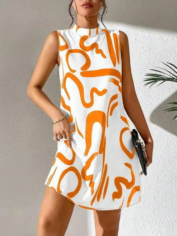 2024 Summer Contrast Print Standing Neck Sleeveless Tank Top Short Skirt Fashion Casual Women's Versatile Thin Dress