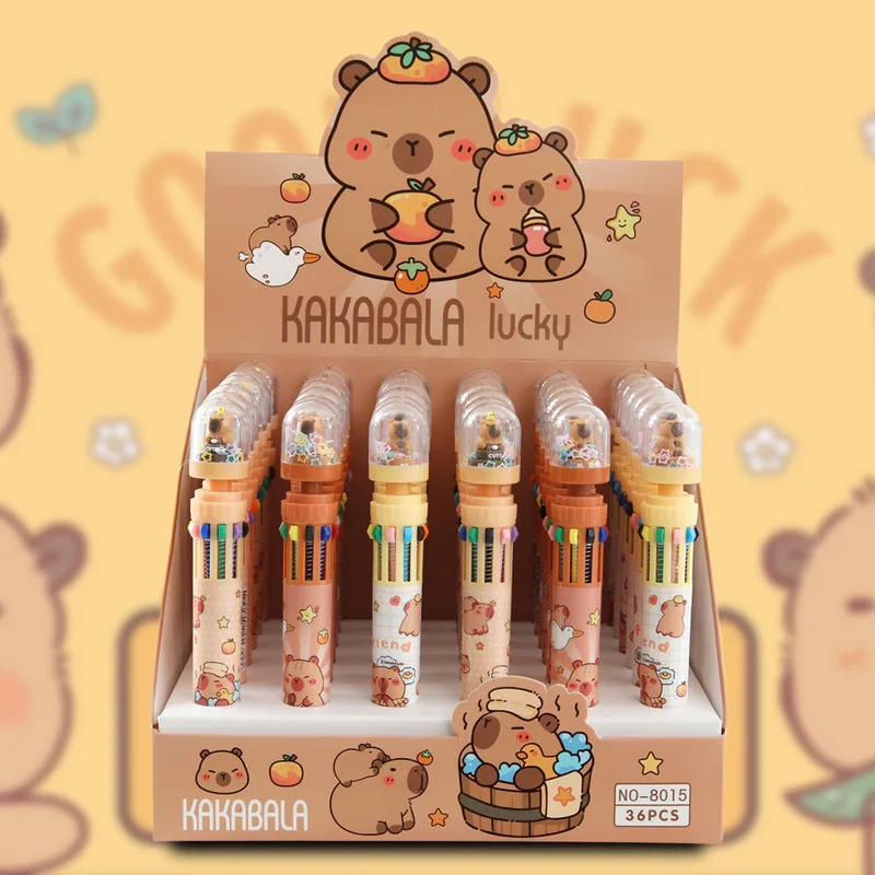 36pcs-box-set-cute-capybara-10-in-1-multi-color-ballpoint-pen-kawaii-kakabala-lucky-series-school-office-stationery-supplies