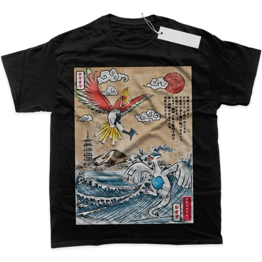 Camiseta masculina, camiseta esportiva masculina, camiseta masculina de manga curta, Pokémon Ho Oh, voador e Lugia em ondas com montanha pagoda