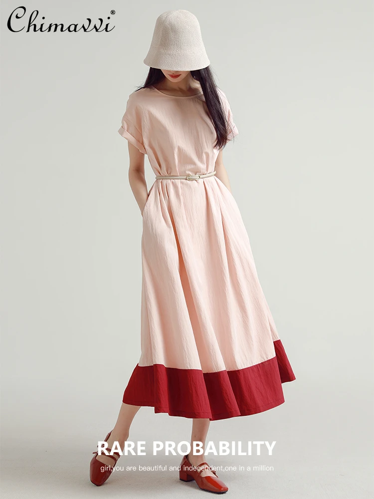 French Gentle Elegant Pink Stitching round Neck Short-Sleeved Belt Slim Fit A-line Loose Casual Long Beach Dress Women Summer