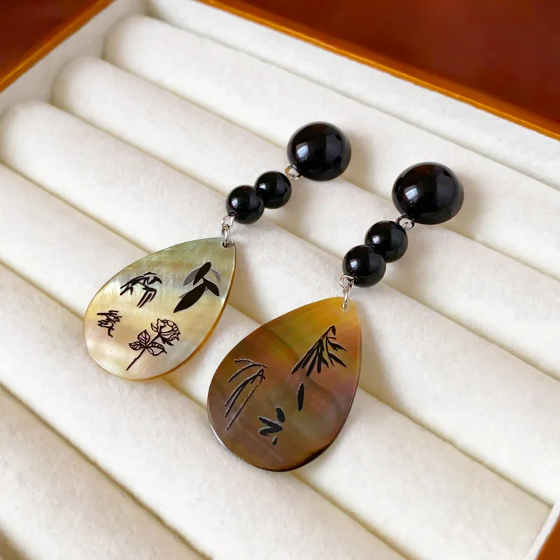 Chinese, dripping oil fritillary, Chinese painting, leaf water droplets,earrings,retro niche temperament,high-end earrings,women