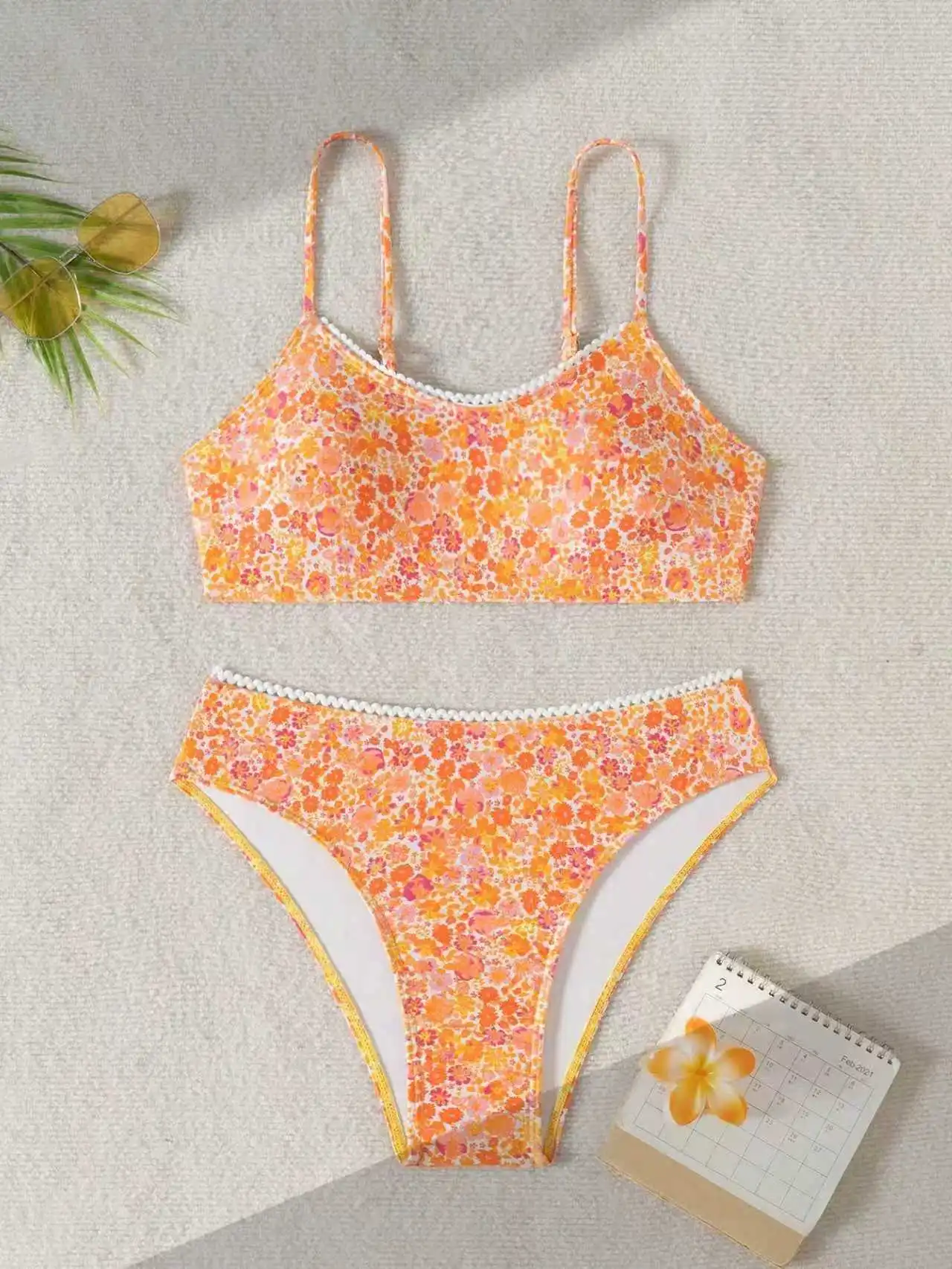 sexy orange flower print bandeau bikinis sets two pieces high waist swimsuits bathing suit swimwear biquini tankini trikini