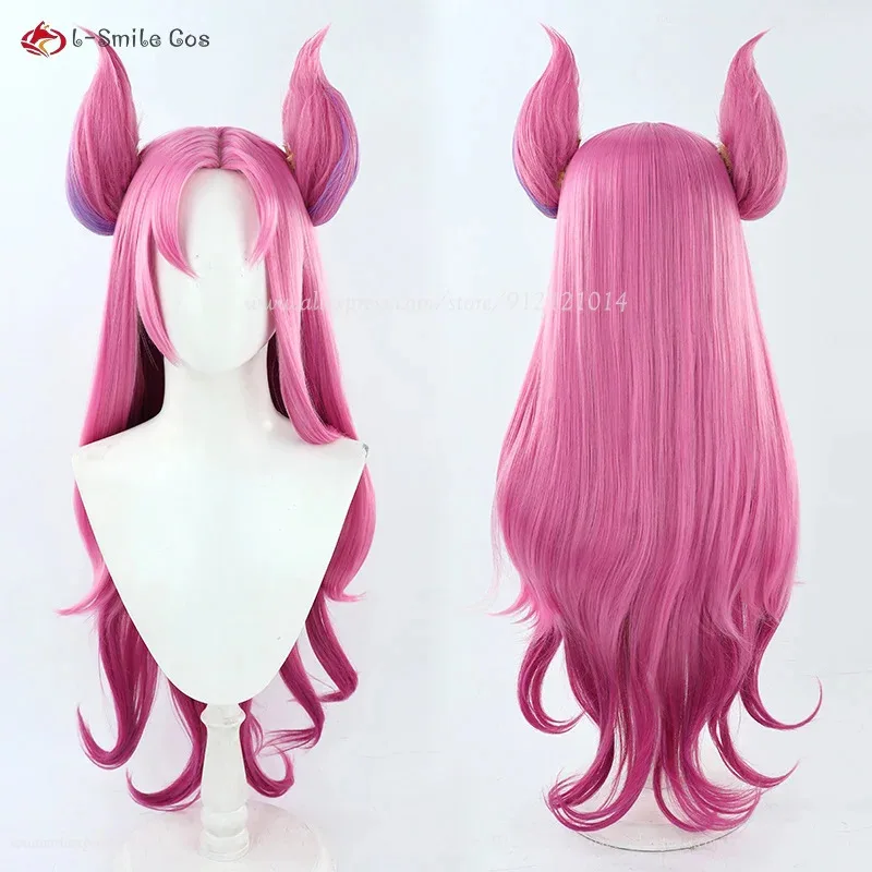 Dd12game lol star guardião peruca cosplay 90cm longo rosa gradiente kaisa anime perucas com orelha resistente ao calor cabelo sintético