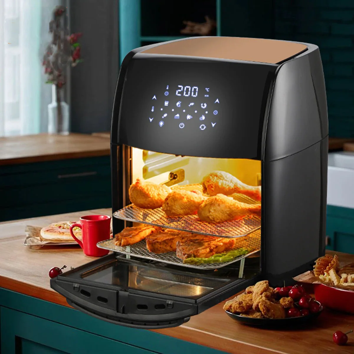 12L Electric Air Fryer Oven Rotisserie Dehydrator 360°Baking LED Touchscreen Large Capacity 5in1Chicken Frying Machine