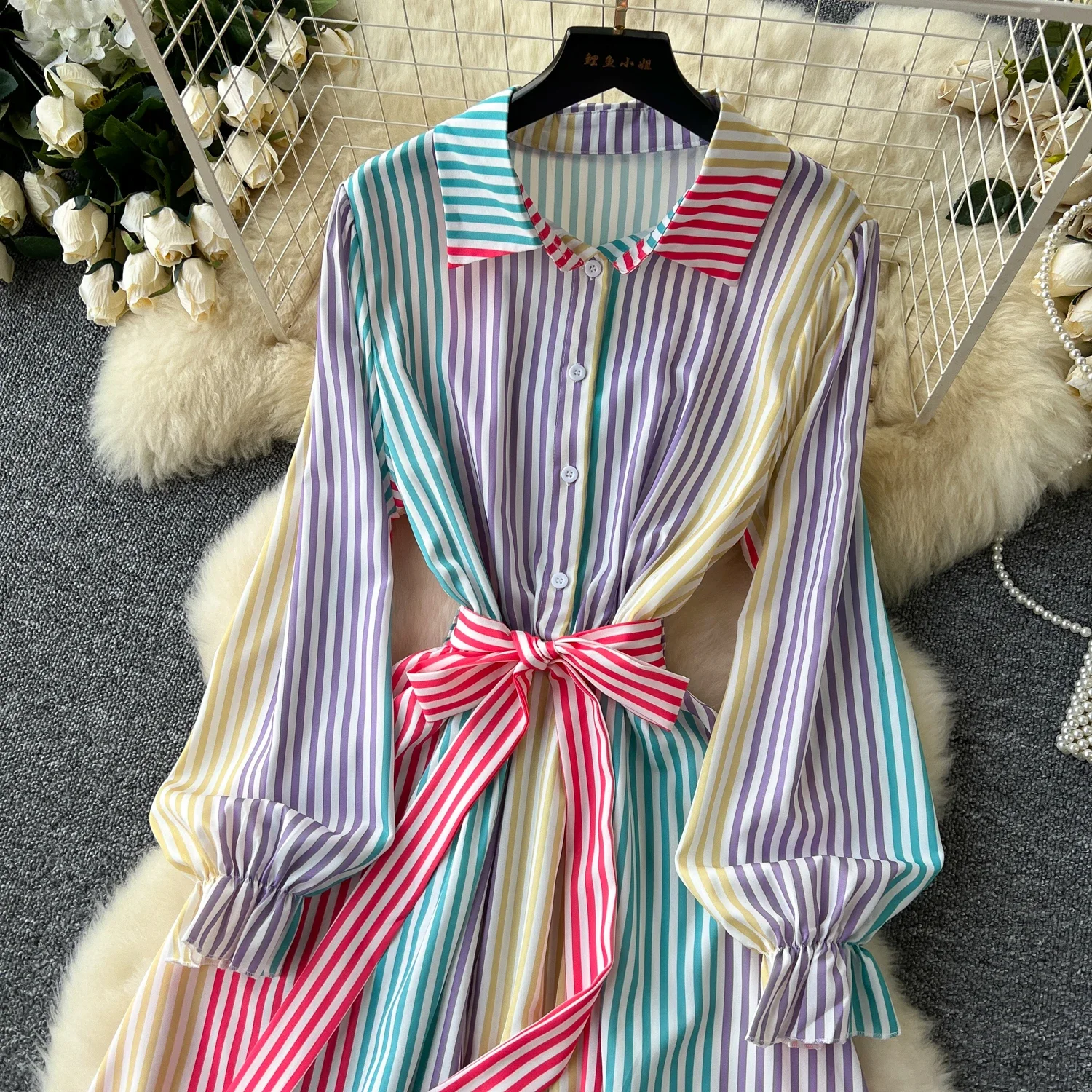 Vintage  Elegant Striped lool Sleeve Single Breasted loose Turn-down Collar Dress Women  Fashion summer Spring dresses