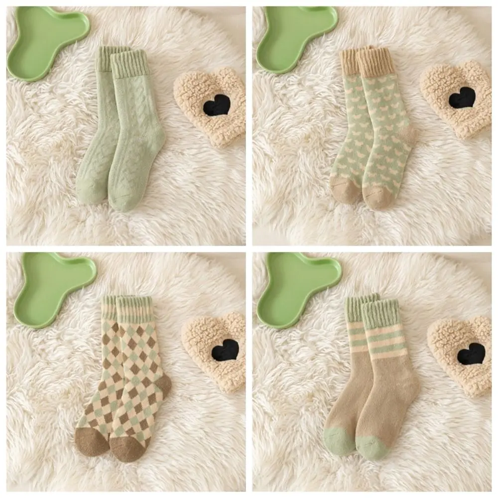 4Pairs Simple Stripe Grid Thickened Socks Winter Sleeping Floor Socks Hosiery Mid-tube Warm Socks Women For Girls