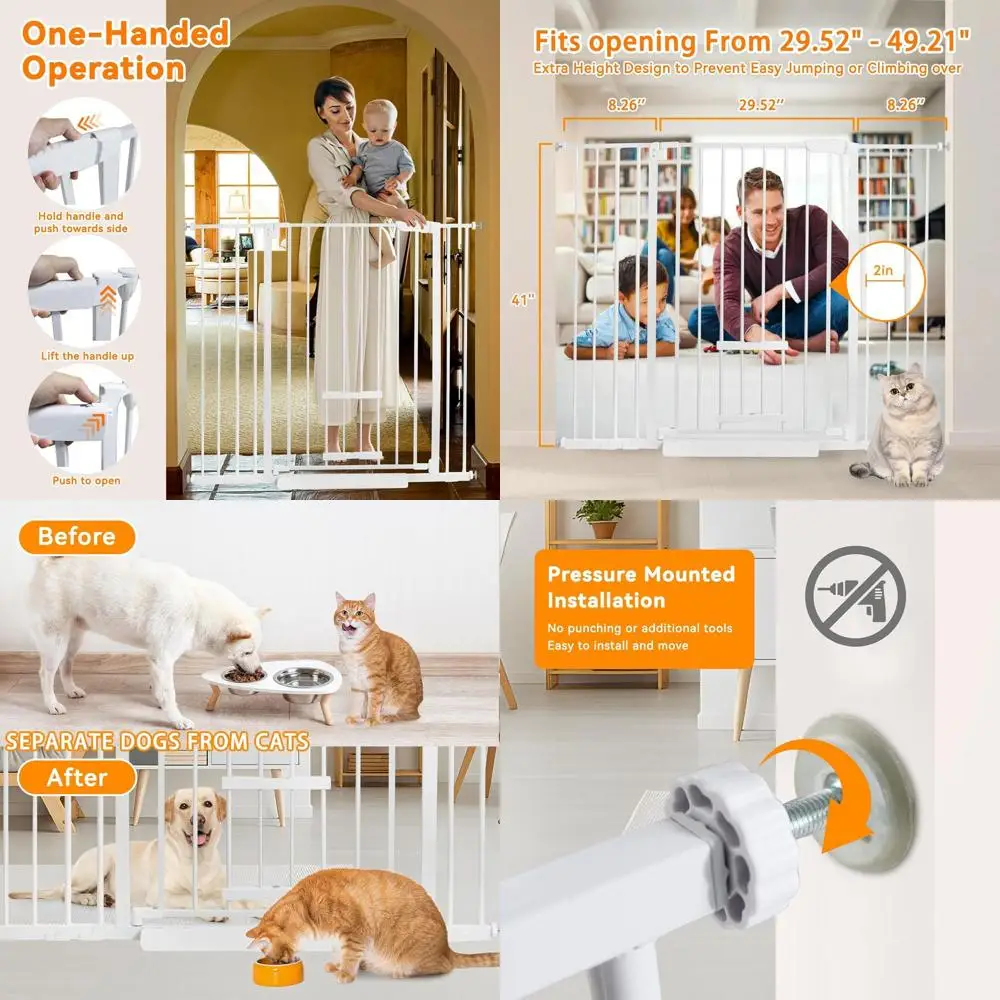 

41 Inch Tall Baby Gate with Small Cat Door, Adjustable Auto Close Dog Gate Easy Walk Thru Pet Door for Stairs, Doorway, House (W