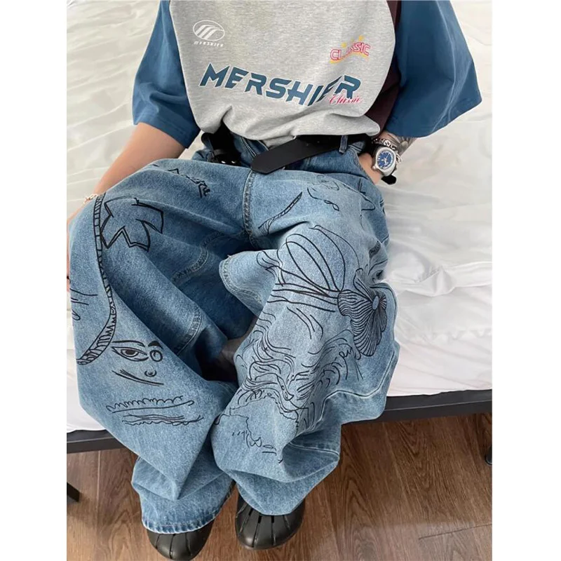 

2024 American Jeans Women Street Graffiti Wide Leg Denim Trousers Hip-Hop High-Waisted Loose Casual Pant 2000s Retro Versatile