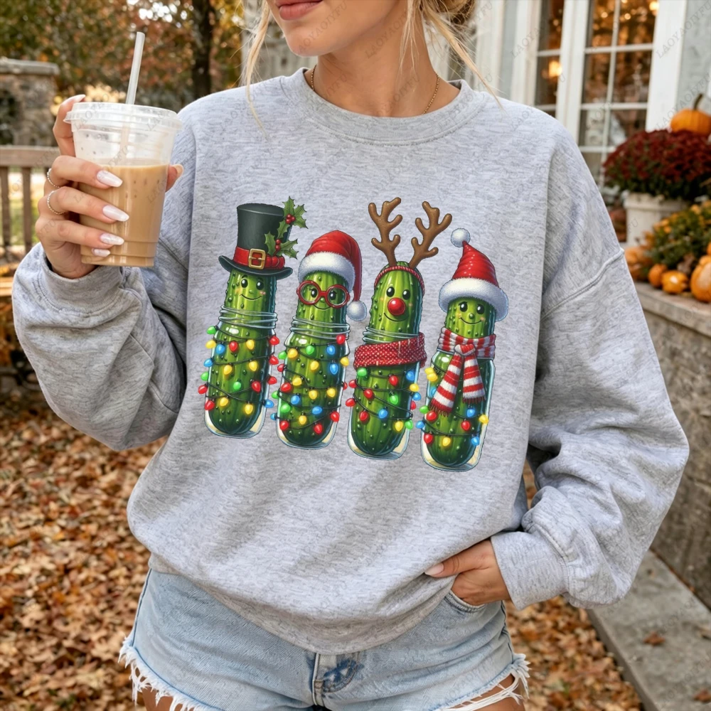 Funny Christmas Pickle Graphic Sweatshirt Women Autumn Winter Lights Santa Hat Print Loose Casual Long Sleeve Gift Ideas Hoodie