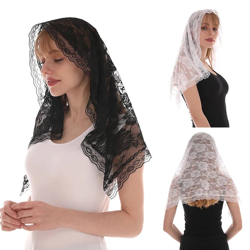 Solid Color Gauze Kerchief Lace Flower Scarf Round Bandana Fashion Prayer Kerchief Church Shawls Scarves Muslim Head Wraps