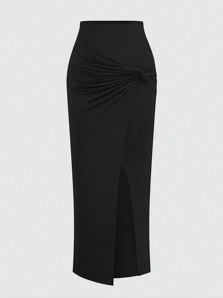 Nuevo Falda Midi francesa de cintura alta Retro de punto fruncido con abertura alta, falda negra versátil ajustada de talla grande, ropa femenina elegante para fiesta