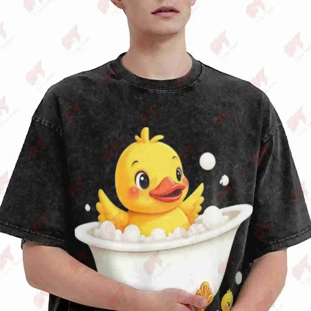 Yellow Duck Bathtub Bubbles Cute Cartoon Vintage Washed Tee Pure Cotton T-Shirt
