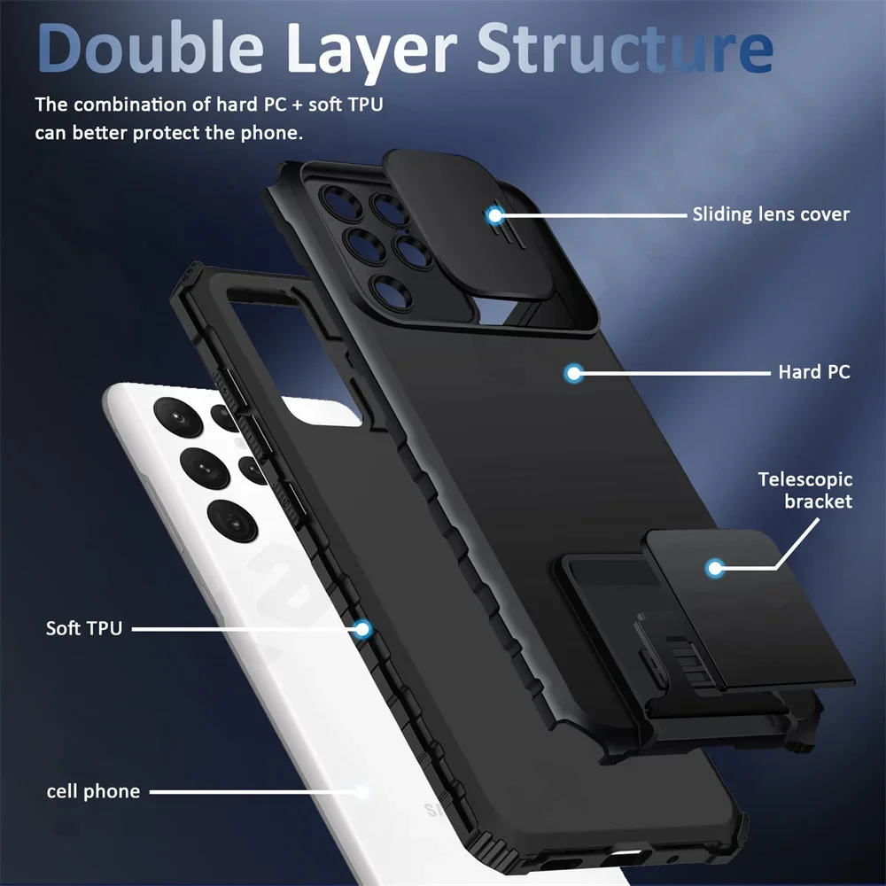 Case For Samsung S24 S23 S22 Ultra S21 S25 FE Galaxy A55 A35 A56 4G 5G Slide Camera Kickstand Protective Shockproof Phone Cover