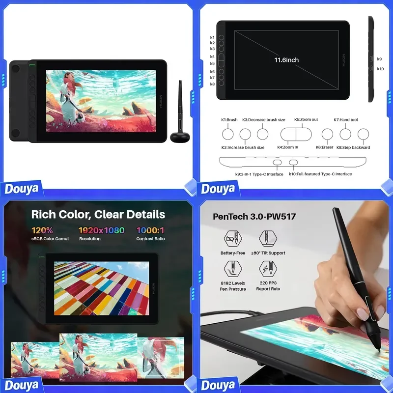 Kamvas 12 Fashion Color Full-laminated Screen Battery-free Drawing Tablet 11.6 Inch 8192 Levels Graphics Tablet