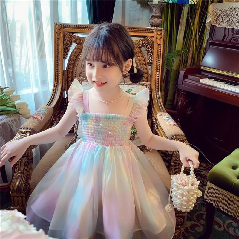 1-8 Years Cute Girls Princess Dress Summer New Gradient Rainbow Bow Decoration Sip Dress For Kids Party Prom Gown