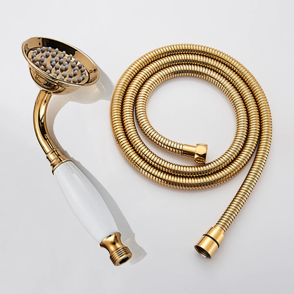 Luxury Gold Color Brass Ceramics Telephone Hand Held Shower Head & 1.5 M Hose Water Saving Handheld Sprayer Shower Set