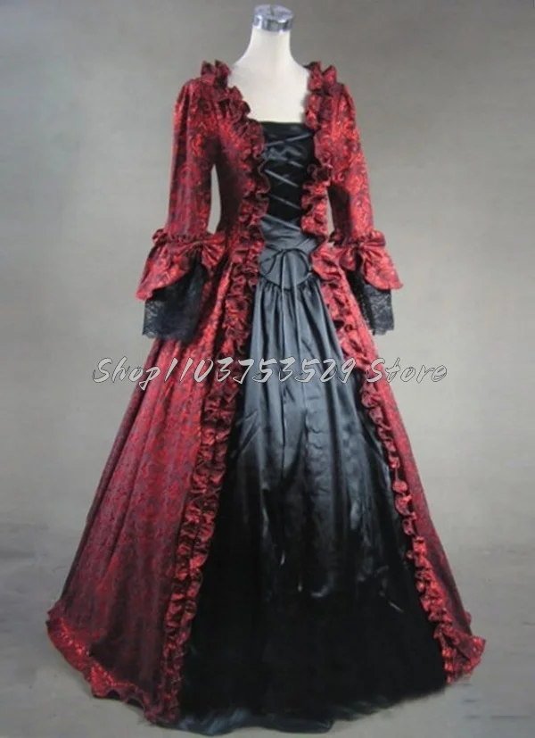 Luxury Black Red Victorian Prom Dresses Vintage Gothic Pleated Square Neck Lace Up Marie Antoinette Plus Size Mardi Gras Evening