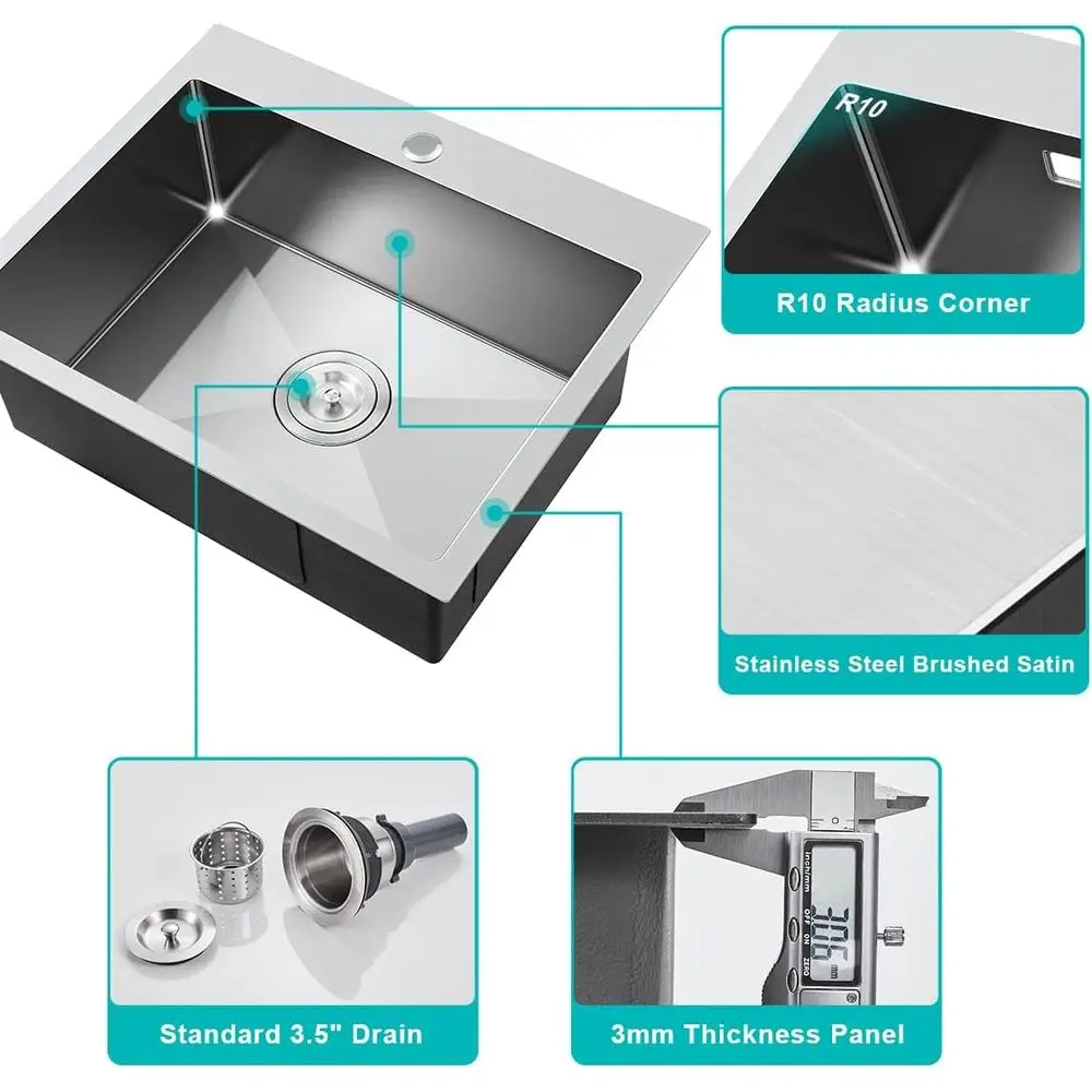 حوض مطبخ مقاس 24 بوصة، وعاء فردي من الفولاذ المقاوم للصدأ مقاس 18 بوصة، حوض محطة عمل بفتحة واحدة، D24 بوصة × W18 بوصة × H9 بوصة