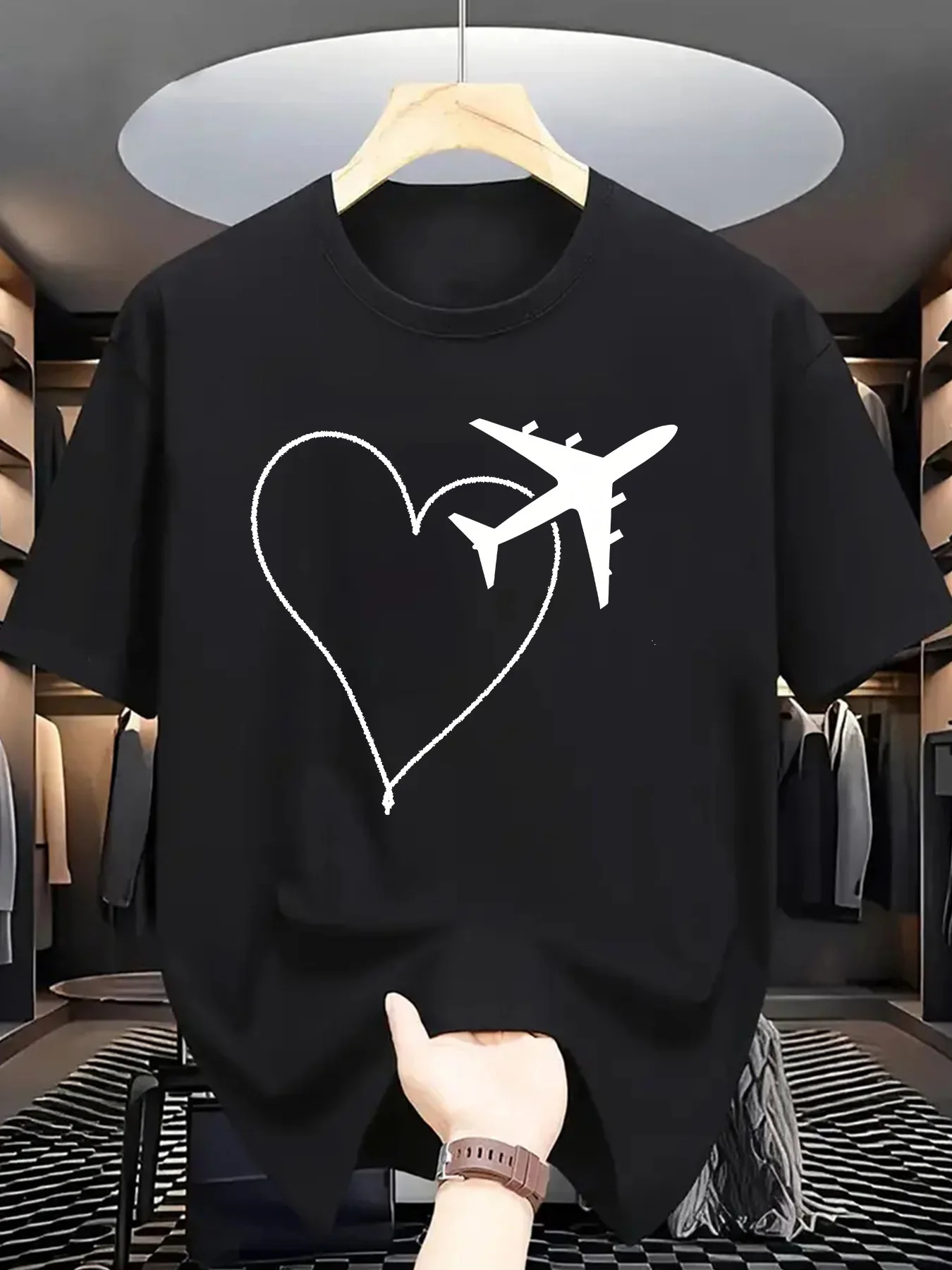 Minimal Line Graphic T Shirt For Men Airplane Heart Route Pattern Crew Neck Tee Wanderlust Travel Simple Print Casual Daily Tops