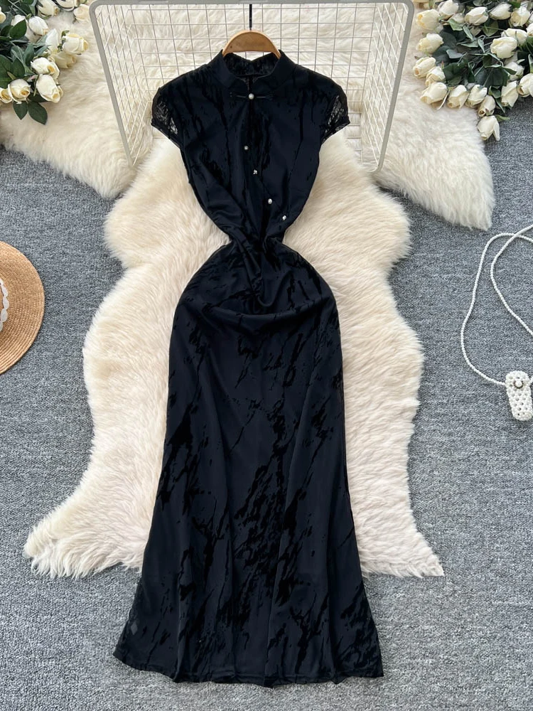 جديد الصينية Sle ort Sve المخملية المعاوضة تشيباو الدكتور عالية الخصر ألف خط تنورة الثقيلة التطريز الوقوف طوق المرأة الدكتور