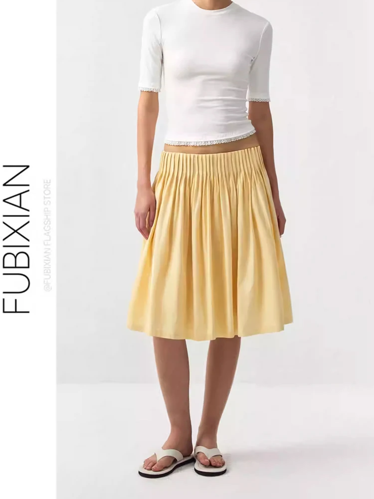 Yellow A-Line Midi Skirt Gentle Style Umbrella Skirt Cotton Material Spring Collection Elegant Atmosphere Half-length Pleated...