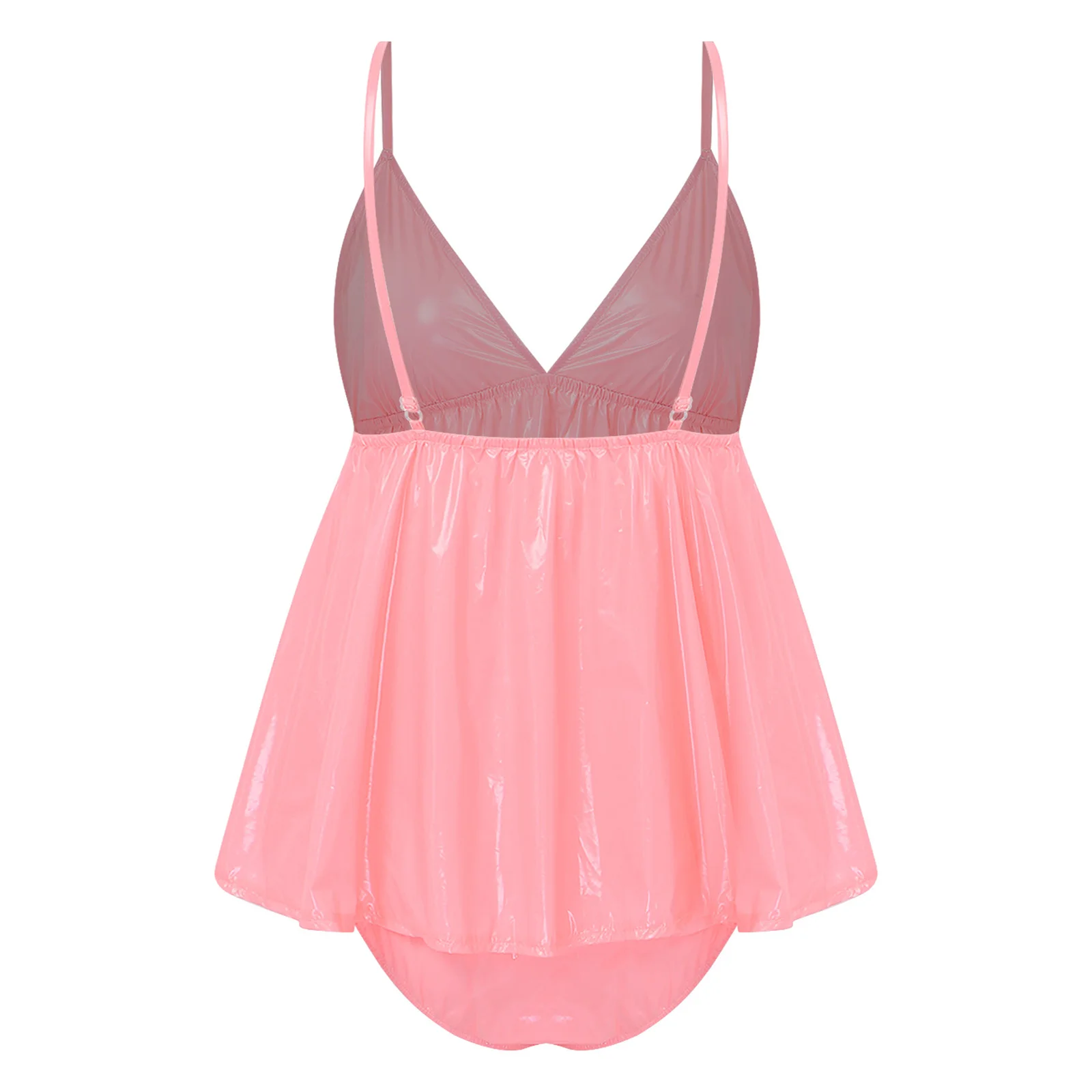 V Neck Backless Waterproof Vinyl Babydoll for Women Glossy Button Crotch Briefs Teddy Pajamas Dress Nightwear for Nightclub