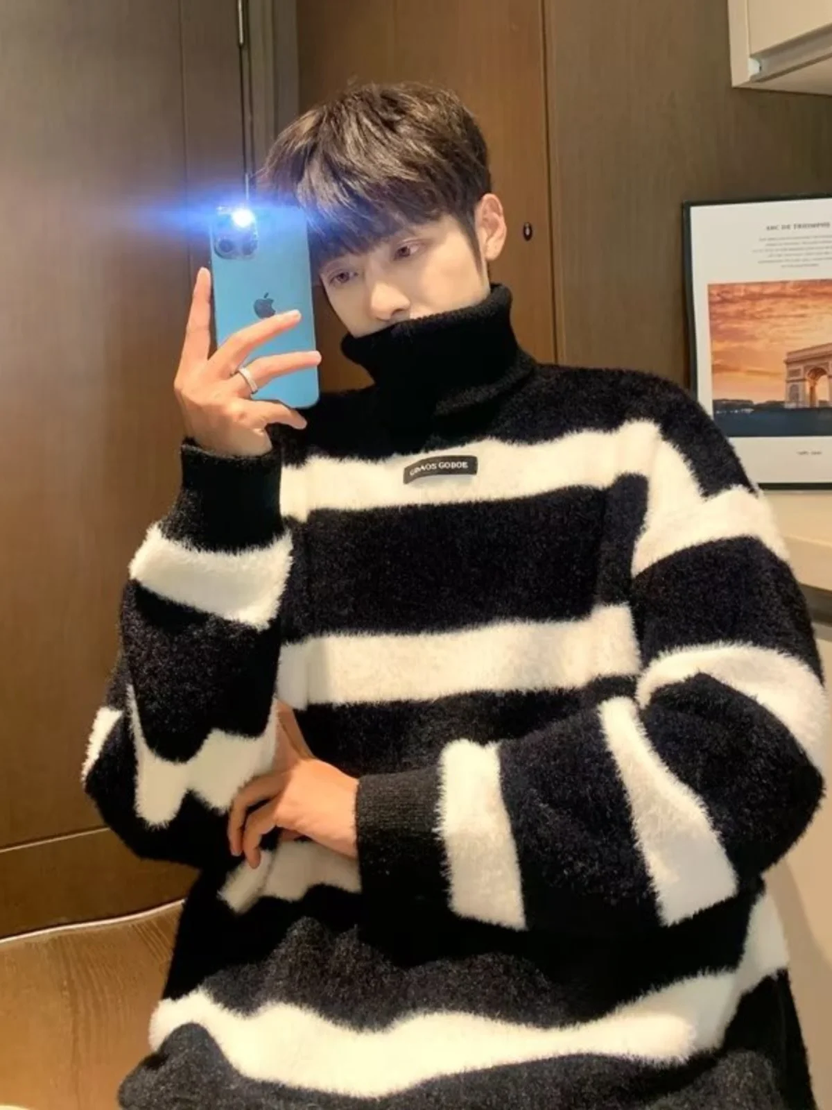 

Trendy Men's High Collar Sweater Thiened Loose Knitted Outerwear Casual Loose Fit Long Sve Autumn Winter Faion