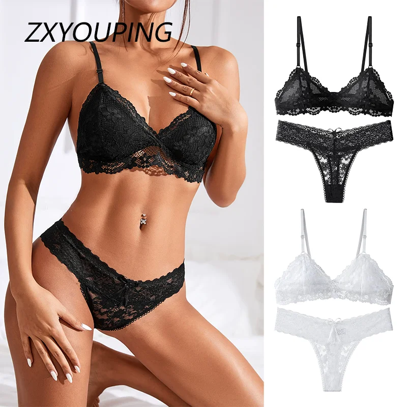 

Lace Sexy Bra and Panty Set Hollow Out G-String Underwear Wireless Unlined Bra Transparent Temptation Thong Panties