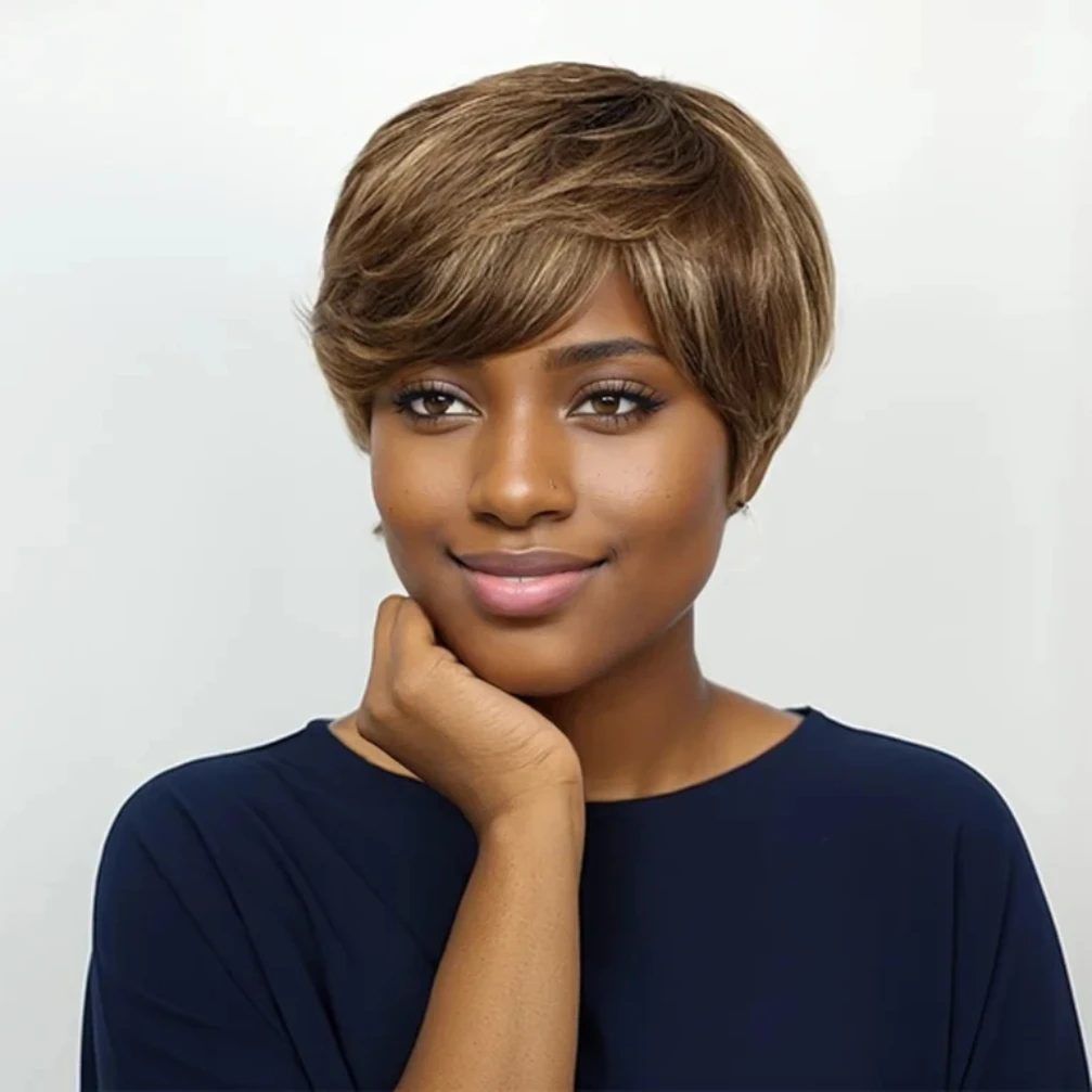 Wig Rambut Manusia Potongan Pixie Pendek Rambut Manusia Lurus Wig Rambut Manusia untuk Wanita Wig Buatan Mesin Penuh