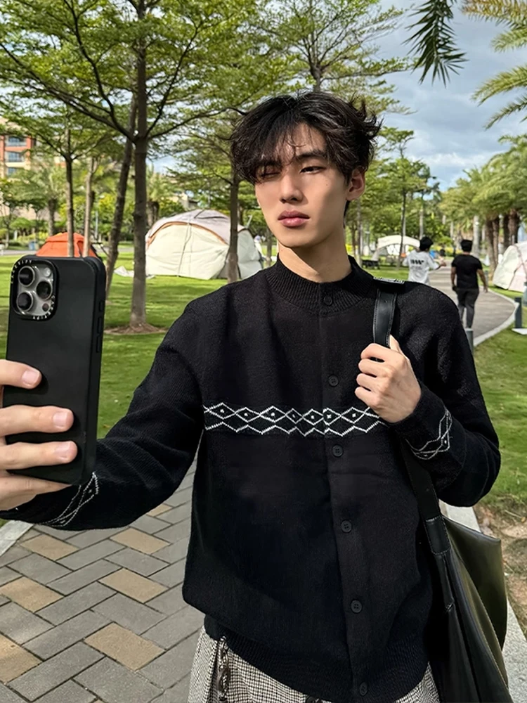 

Вязаный открытый кардиган с ромбовидным узором в стиле ретро, мужской осенний свитер High Lazy Faion, облегающий свитер обычной длины с плечами