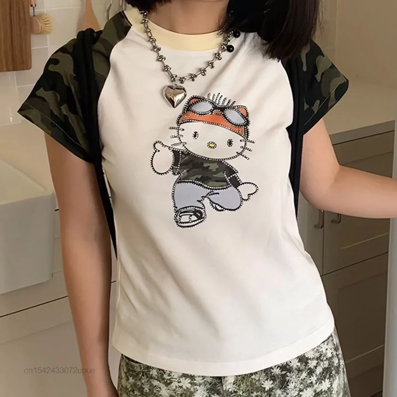 Hello Kitty New Summer Sanrios Cartoon T-Shirt Y2K Grunge Clothes Patchwork Kawaii Short Sleeved Top Girl Korean Fashion Tees