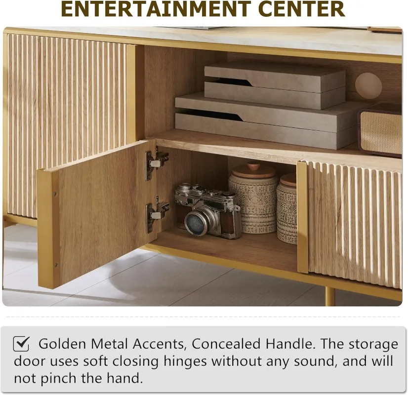 럭셔리 70인치 플루트 TV 스탠드, 최대 80인치 TV용 모던 시크 엔터테인먼트 센터, 인조 대리석 상판 TV 콘솔, 곡선형