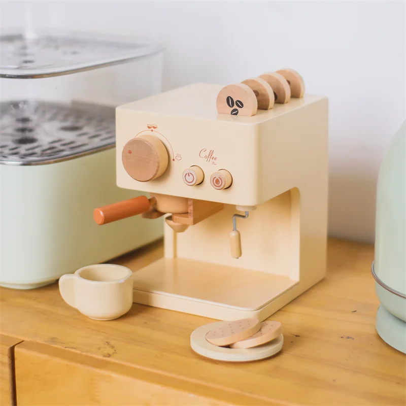 0-6 Baby Coffee Machine Toy Set Wooden Kitchen Supplies Coffee Machine Model Children Play Simulation Coffee Cake Pretend Toys
