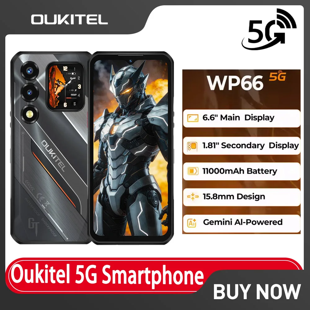 

OUKITEL WP66 11000mAh Rugged Smartphone, 36GB+512GB 6.6" FHD+ 1.81" Dual Screen 120Hz, 108MP NFC MTK 5G Mobile Phone, Android 16