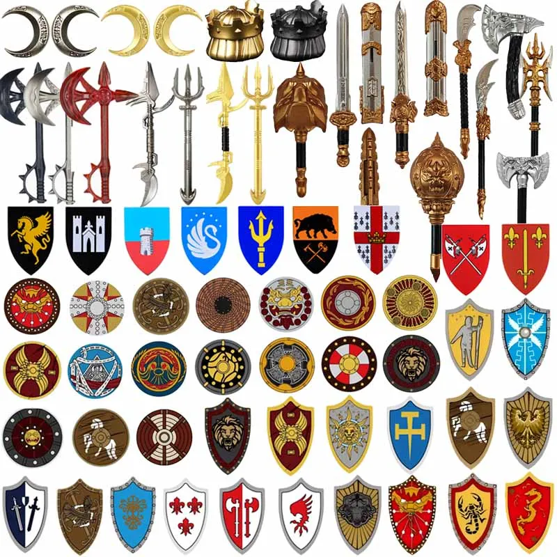 Medieval Wolf Castle Soldier Knight Building Blocks Crusader Shield Soldier Figure Waffen Accessory Sword Axe King Hat Brick Toy