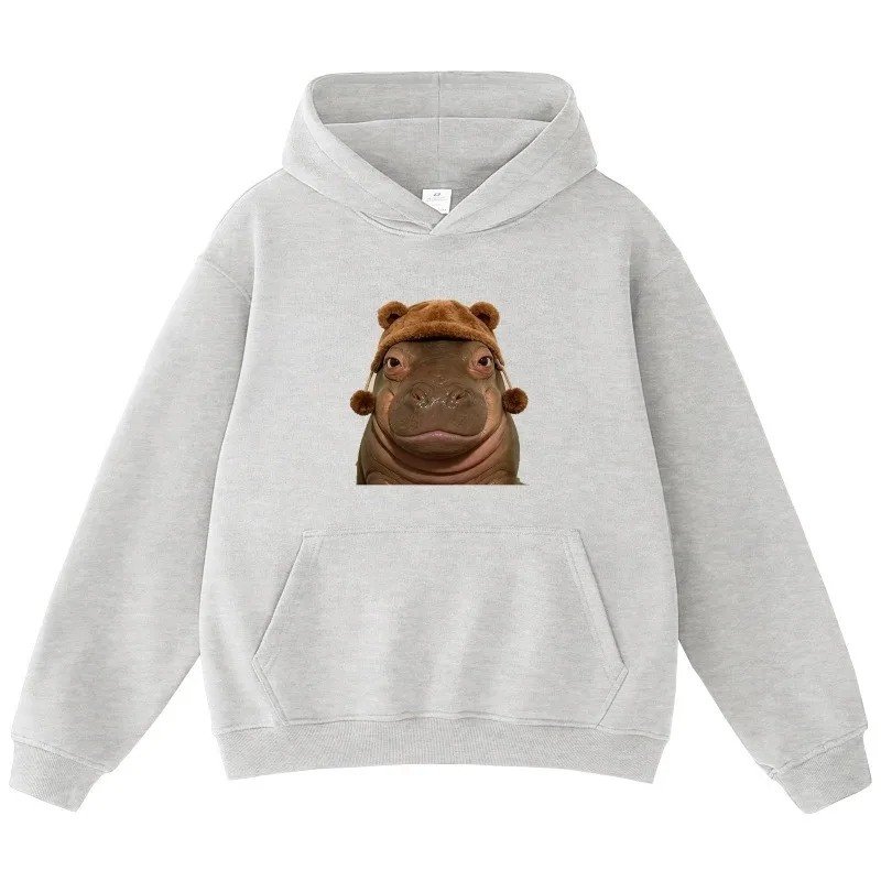 قبعة فرس النهر الرجعية المطبوعة هوديي للجنسين المتضخم عارضة الشارع نمط الرسم طويلة الأكمام البلوز الخريف اليومية العصرية أعلى