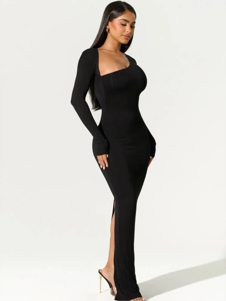 Robe femme vêtements élégant col incliné à manches longues moulante Sexy automne boîte de nuit fête longues robes tempérament robes