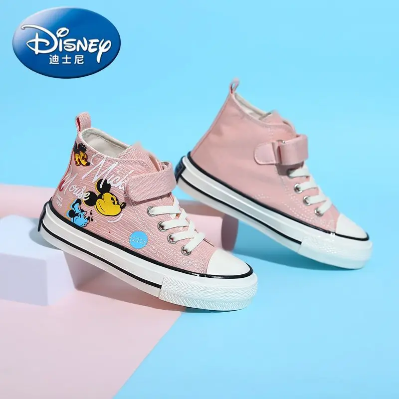 Mickey Girls Canvas Shoes 2024 New Fashion immagini reali di alta qualità Casual bambini Cartoon Graffiti High-top Boys Board Shoes