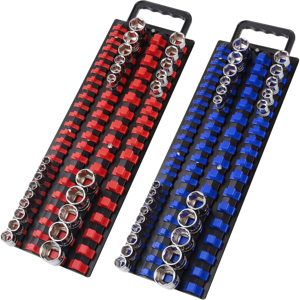 

160-Piece Portable Socket Organizer Steel Tray with Handle - Heavy Duty Socket Holder Kit 1/4-Inch, 3/8-Inch, 1/2-Inch Blue&Red