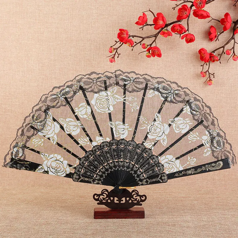 9 inches Lace Fan Women Girl Folding Hand Fan Performance Party Fan Nightclub Bar Music Night Decor Fan