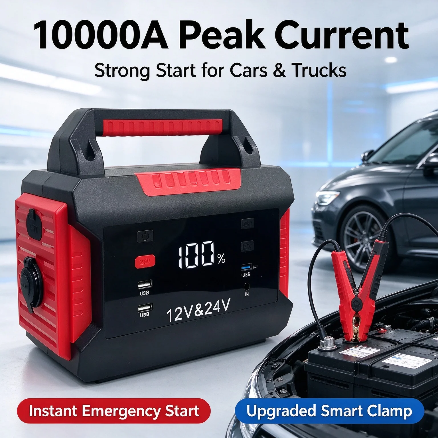12V/24V Heavy Duty Truck Emergency Jump Starter Portable Power Pack Large Capacity Lorry Emergency Starter LED SOS Warning Light