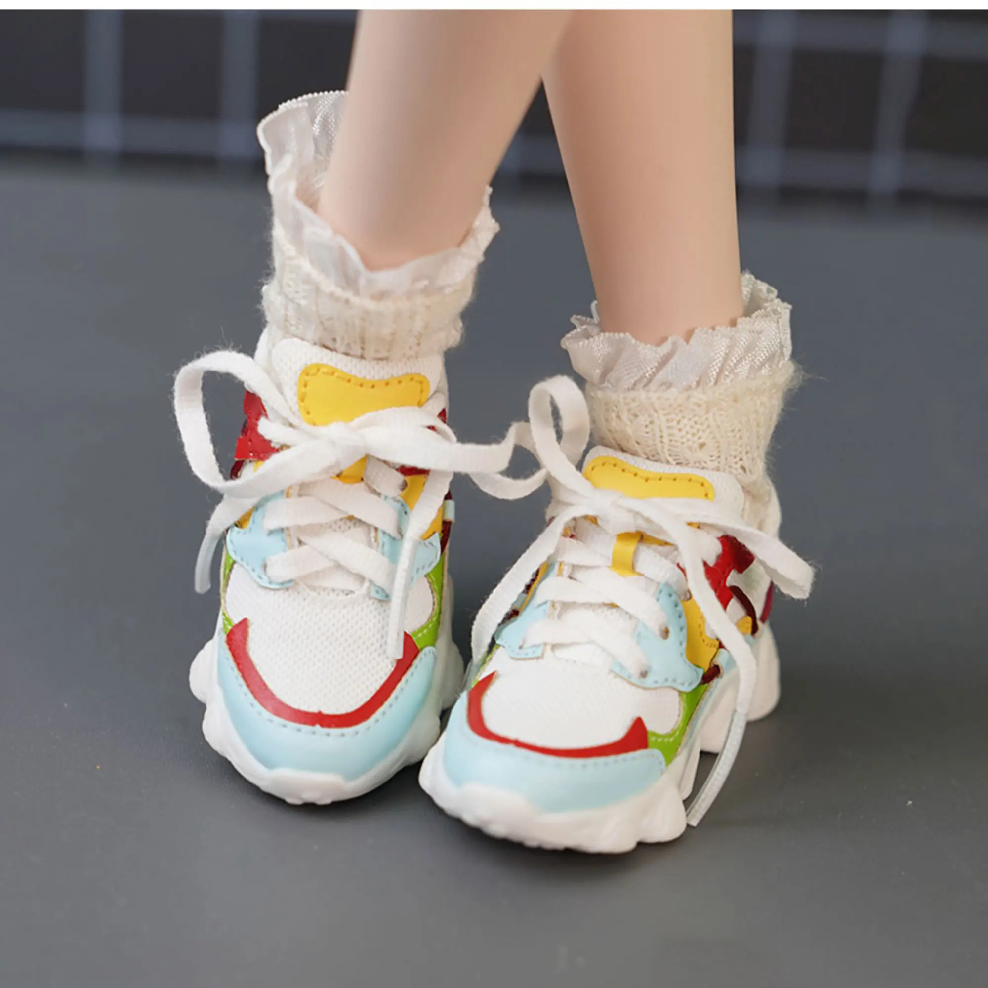 

1/4 Bjd Doll Shoes Handmade 5.8cm * 2.5cm Color Blocked Lace Up Thick Sole Sneakers Breathable Casual Shoes Bjd Doll Accessories