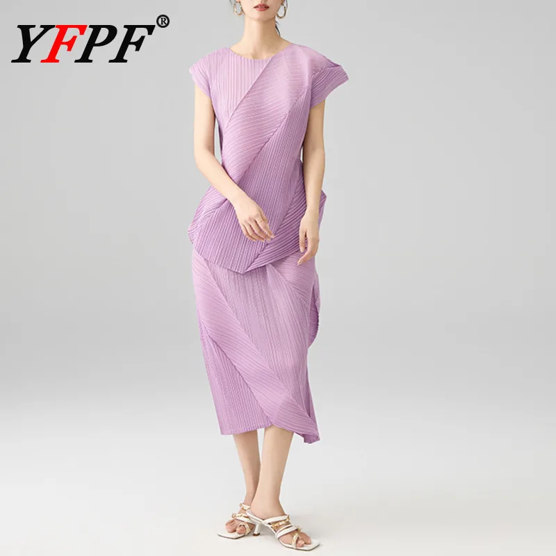 

YFPF Fashion Irregular Miyake Pleated Design Set For Women O Neck Tops + Long Skirt Solid Color Casual 2025 New Clothing