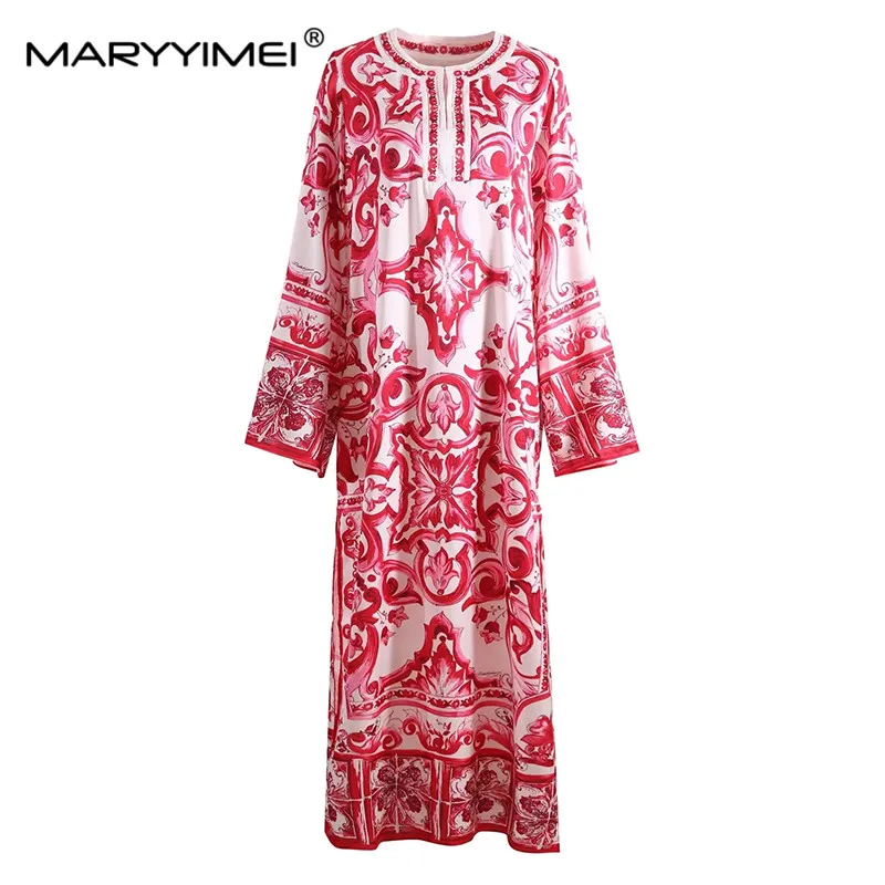 

MARYYIMEI Long Sleeved Fashion Vintage Women's dress Spring Autumn Red Porcelain Print Holiday Loose Long Dresses