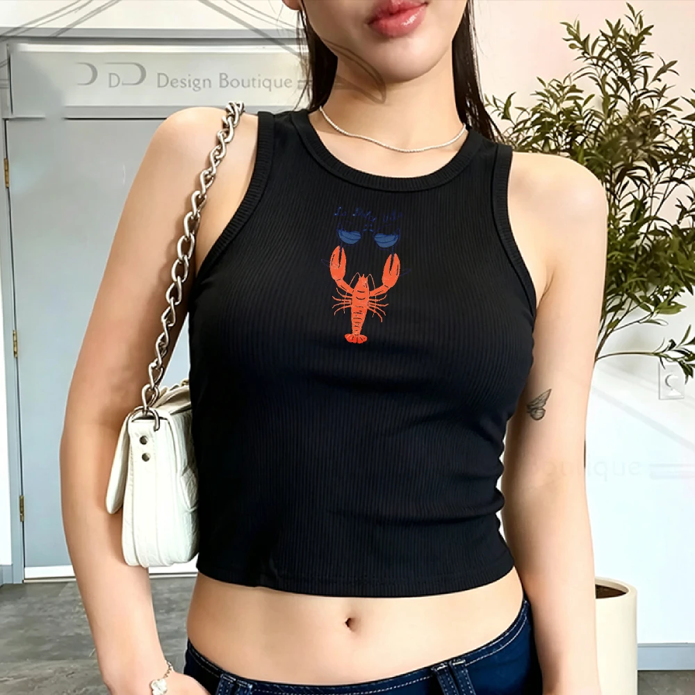 Cool Red Lobster with Blue Sunglasses Hand Sketch Graffiti Print Camisole Ribbed Tank Top Crop Y2K Top Female Cropped Slim Vest