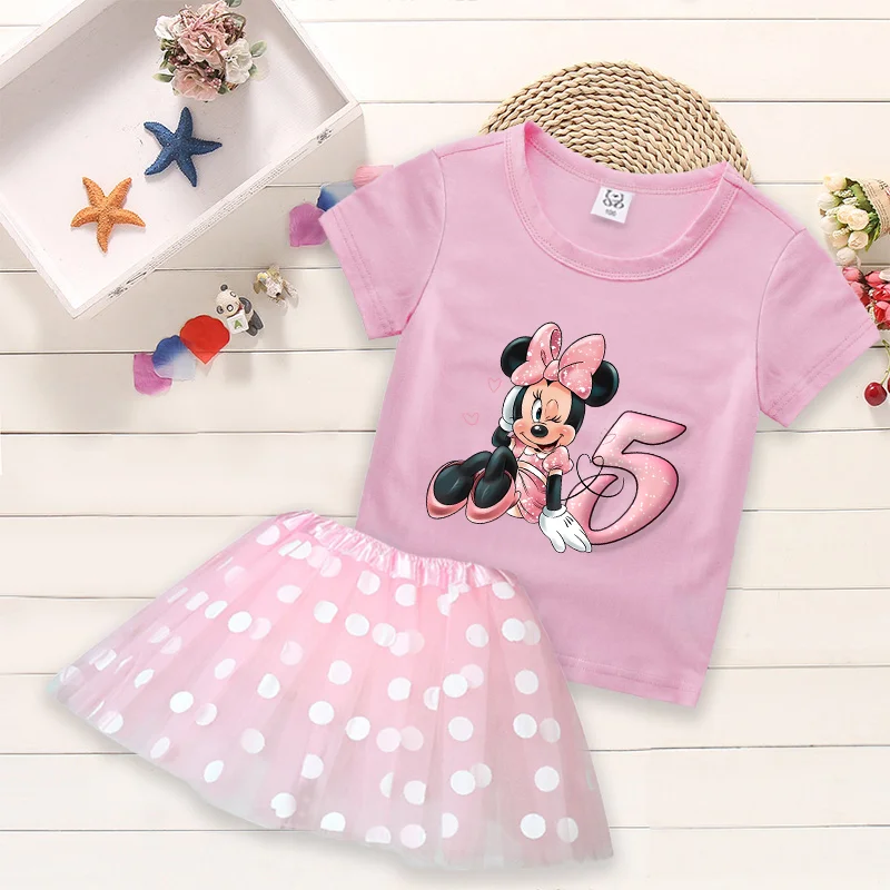 Mickey Minnie Mouse Kids T-shirt Birthday Dress Cartoon Summer Fashion Sets Polka Dot Print Round Neck Pink Clothing Girls Gift