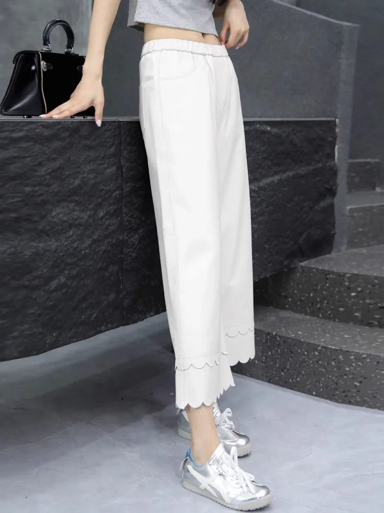 Spodnie damskie z prawdziwej skóry owczej, proste nogawki, elastyczna talia, szerokie nogawki, jesienne spodnie ze skóry naturalnej, długość do kostek, koronkowe spodnie, wyprzedaż.