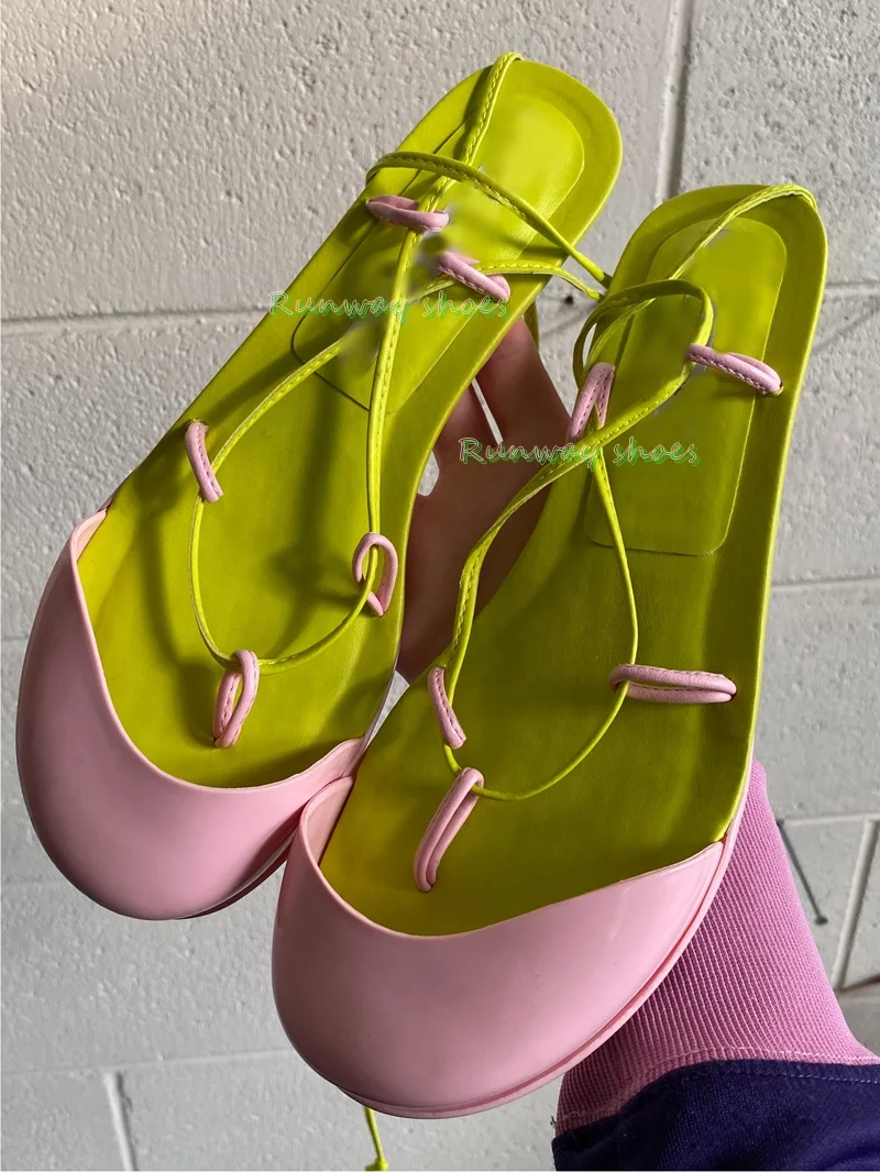 Women Color Block Flat Ballet Shoes Sweet Pink Green Contrast Lace‑Up Mary Jane Flats Ladies Round Toe Soft Sole Casual Daily Wa